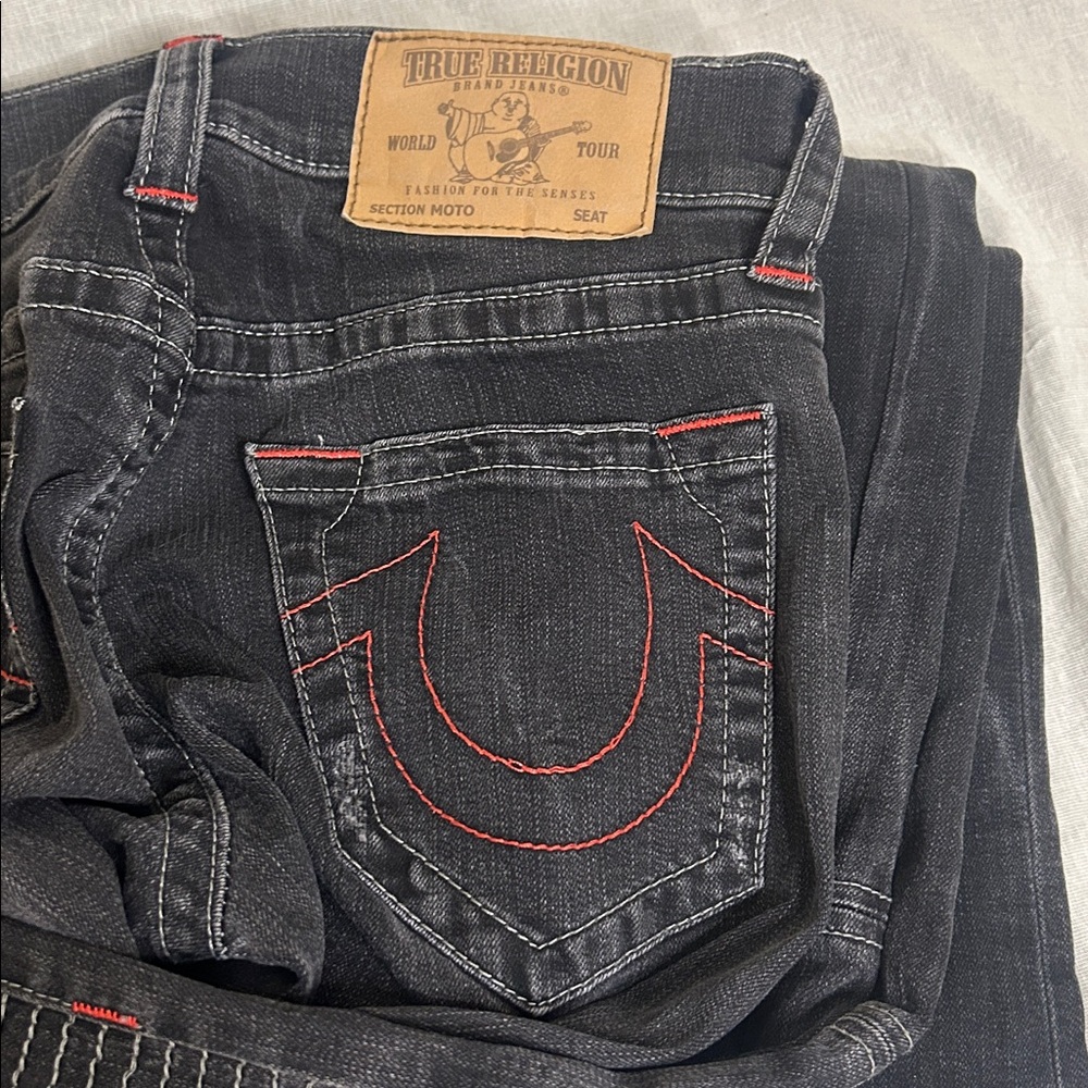 Black True Religion Moto jeans with Red Stitching